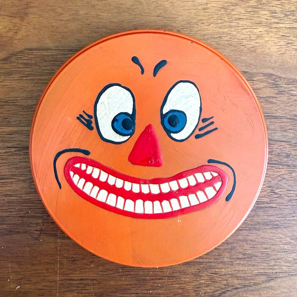 Vintage Orange Halloween Round Metal Tin Painted Cartoon Face Pattern